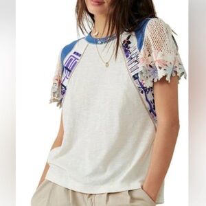 Free People As If White and Blue Lace Sleeve Tee